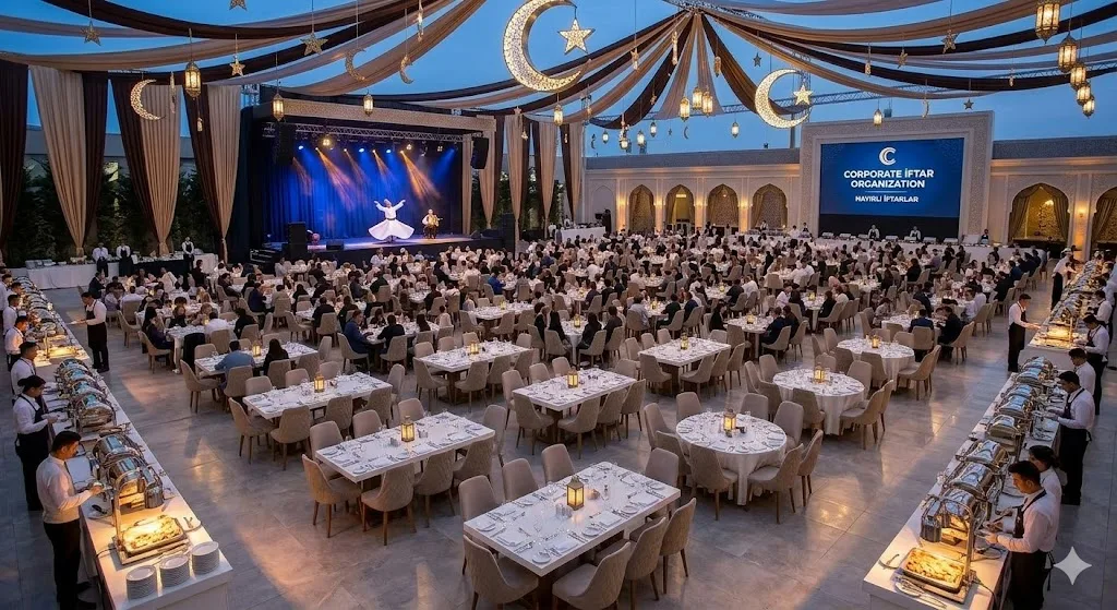 Devasa kurumsal iftar organizasyonu Binlerce kişilik açık hava yemeği, geleneksel yer sofraları, Ramazan süslemeleri, semazen gösterisi ve profesyonel büfe ekipmanları.