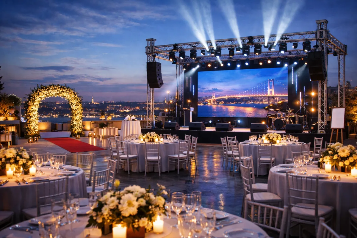 İstanbul etkinlik ekipman kiralama kapsamında sahne kurulumu, LED ekran, masa sandalye kiralama ve organizasyon dekorasyonu