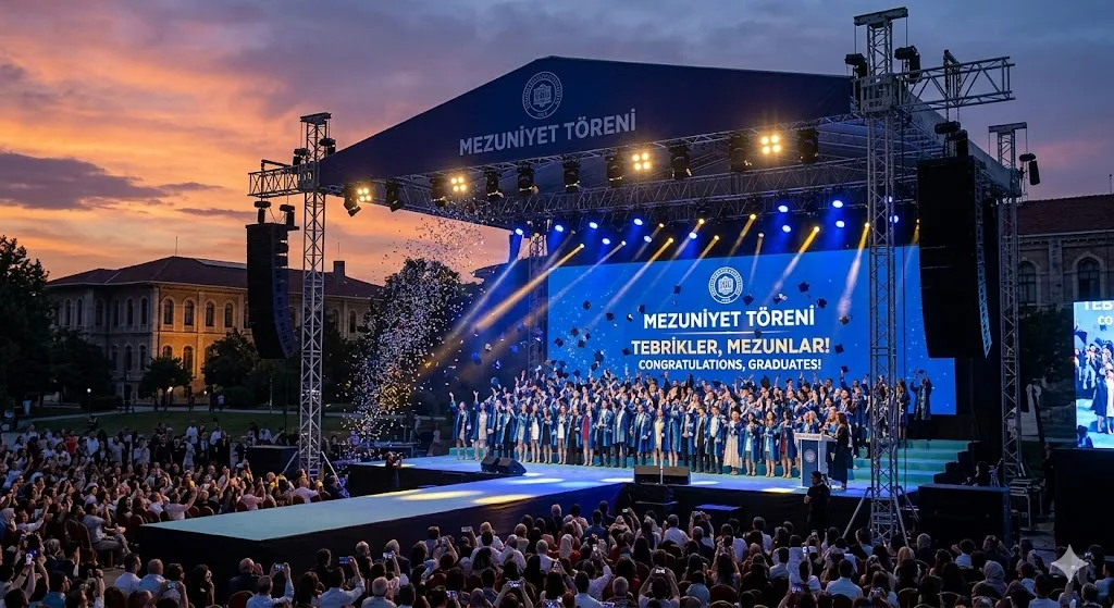 Profesyonel mezuniyet töreni organizasyonu Gün batımında açık hava sahnesi, podyum kurulumu, line-array ses sistemi ve kep fırlatan cübbeli öğrenciler.