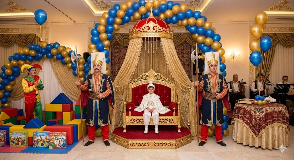 Saray konseptli sünnet düğünü organizasyonu Altın varaklı sünnet tahtı, Yeniçeri askerleri, mavi-altın balon süslemeleri ve çocuklar için eğlence köşesi.